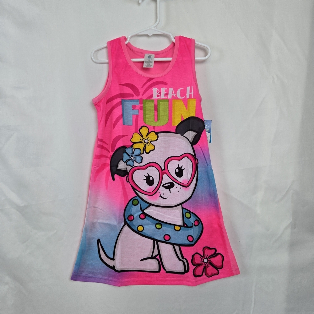 JV Apparel Girls Neon Pink White Puppy Beach Fun Sleeveless Nightgown XS 4/5 New